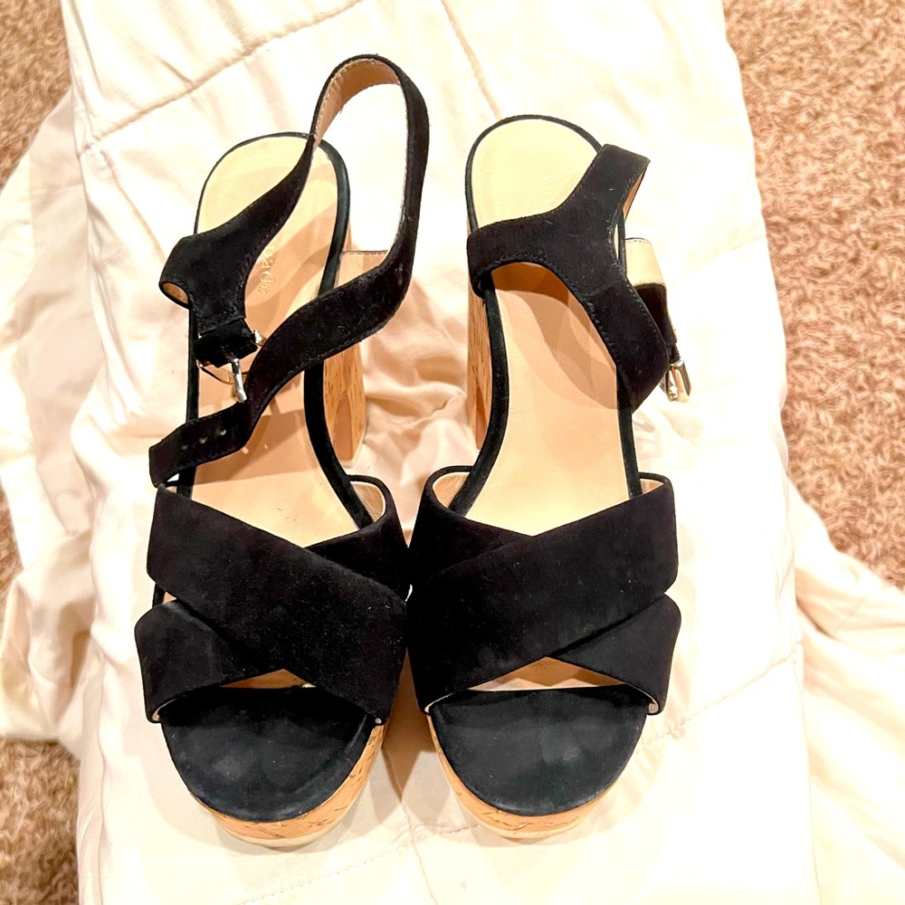 Kate Spade Black Suede Cork Wedges Size 9.5